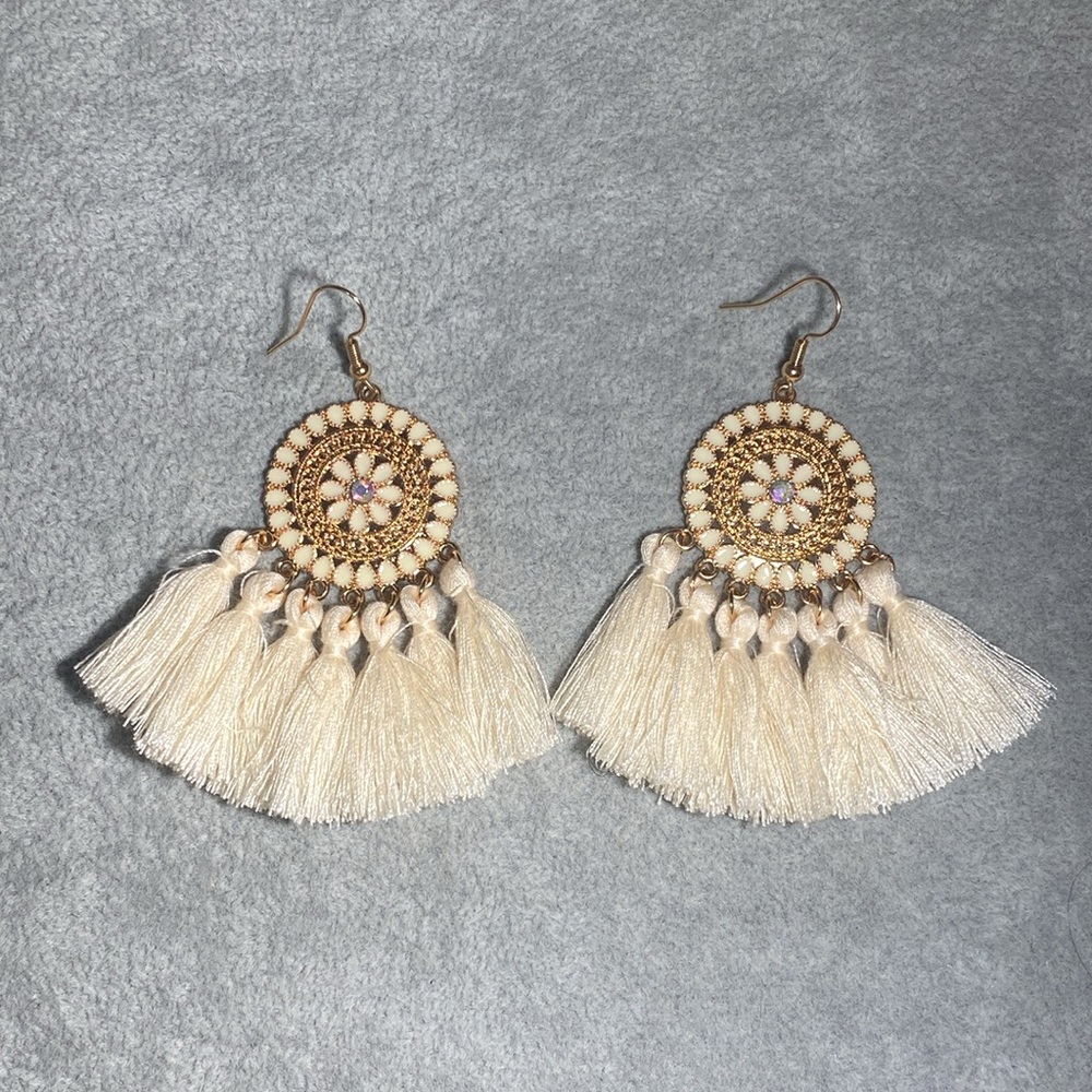 Boho Dream Tassel Earrings Centered By Beautiful Aurora Borealis Crystals